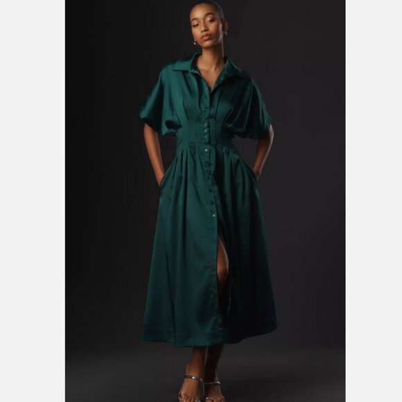Anthropologie The Tobie Satin Shirt Dress by Exquise Rainforest Green Size M NWT - Picture 6 of 6